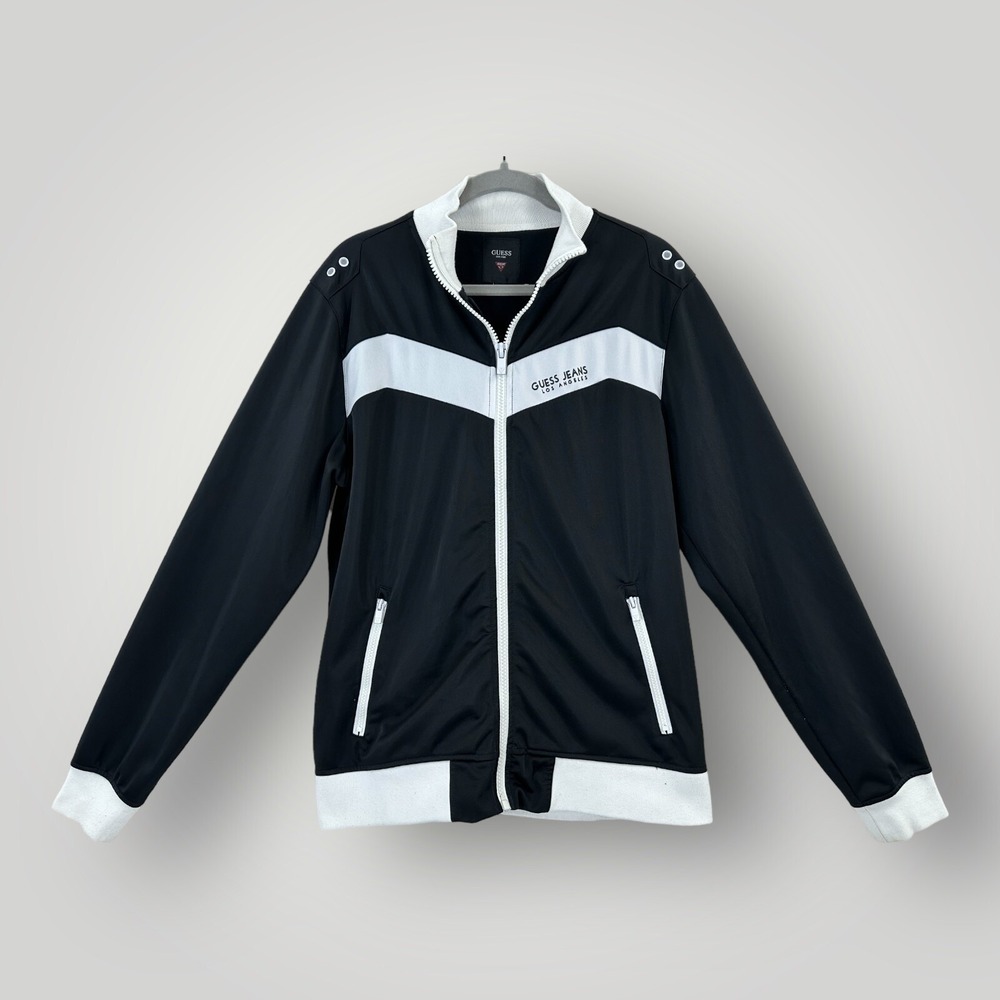 VTG Guess Track Jacket‎ Womens L Black and White Full Zip Long Sleeves